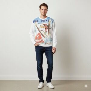 Disney Goofy " The Art Of Skiing" Men's Fleece Crewneck Sweatshirt Size Small